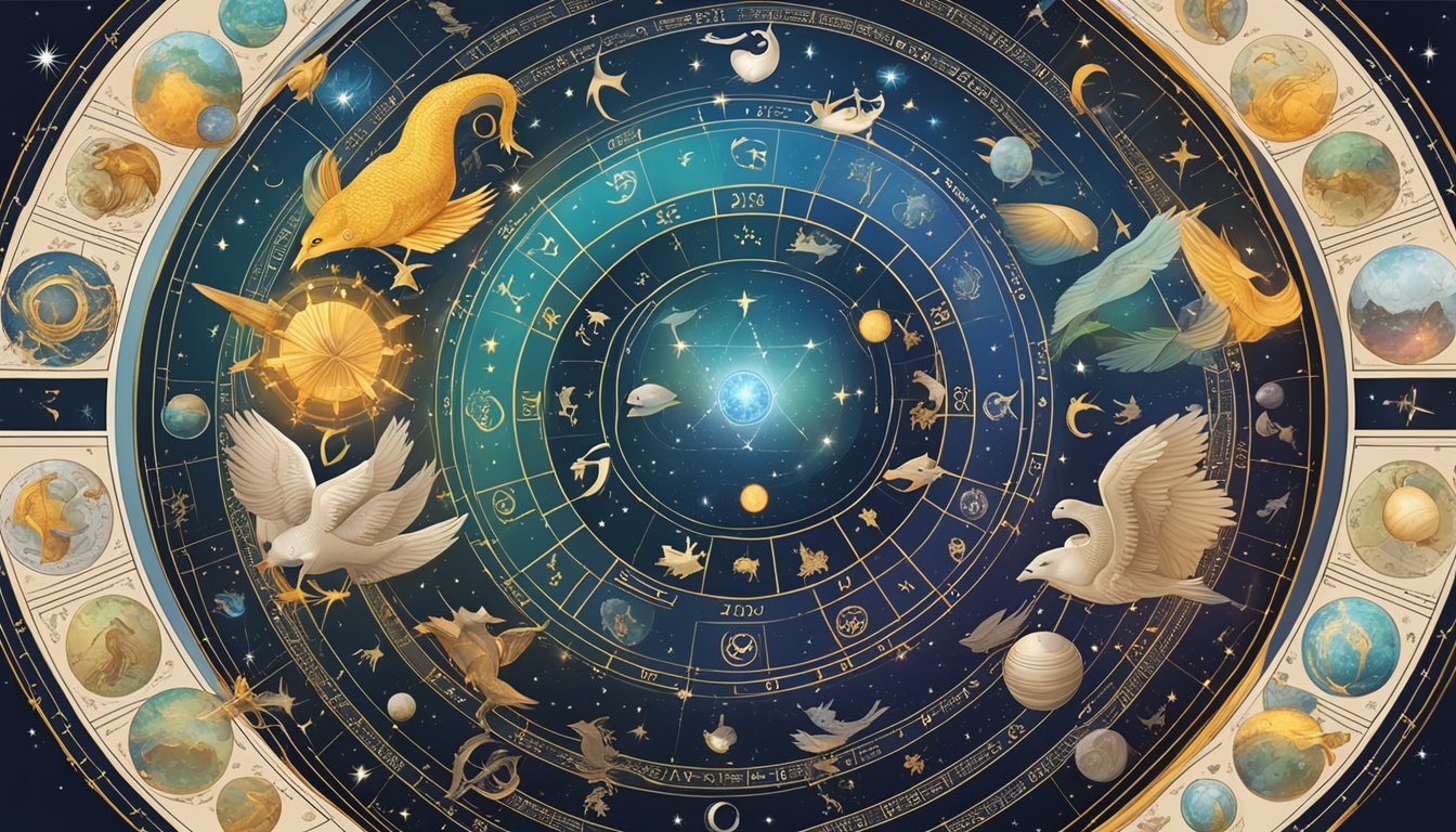 A circular zodiac chart with 12 signs, each accompanied by their compatibility matches, surrounded by celestial elements and symbols