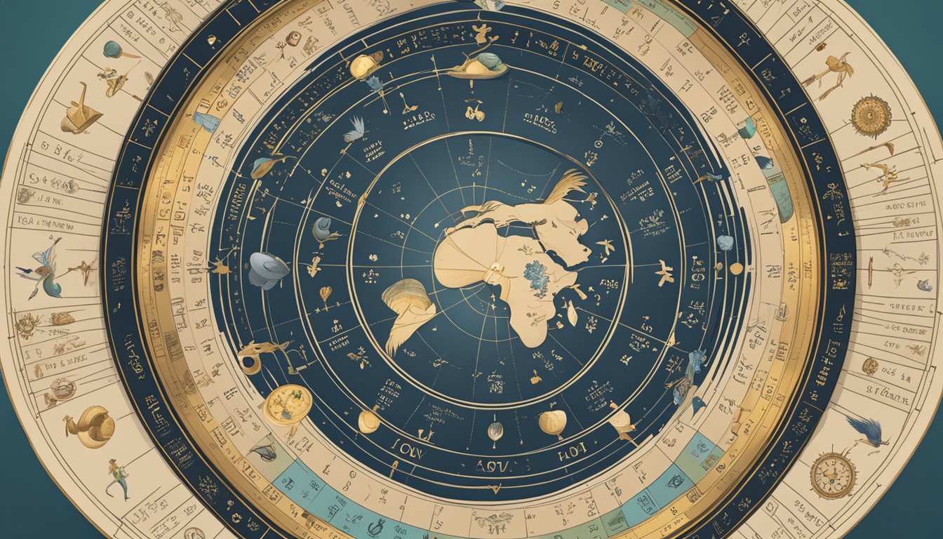 A circular chart with zodiac symbols arranged around the edge, labeled with corresponding dates.</p><p>The chart is surrounded by romantic imagery and symbols of love