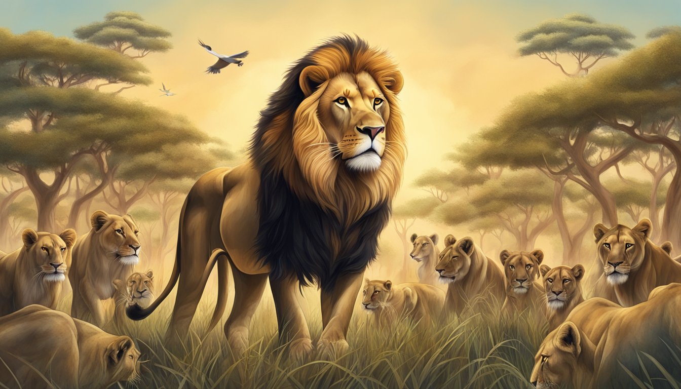 A lion standing confidently in the center of a bustling savanna, with other animals looking up to it as a natural leader