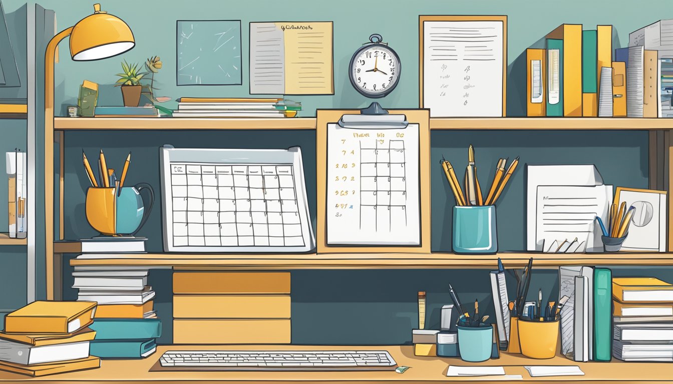 A meticulously organized desk with a calendar, to-do lists, and neatly arranged stationery.</p><p>A trophy or award sits proudly on the shelf