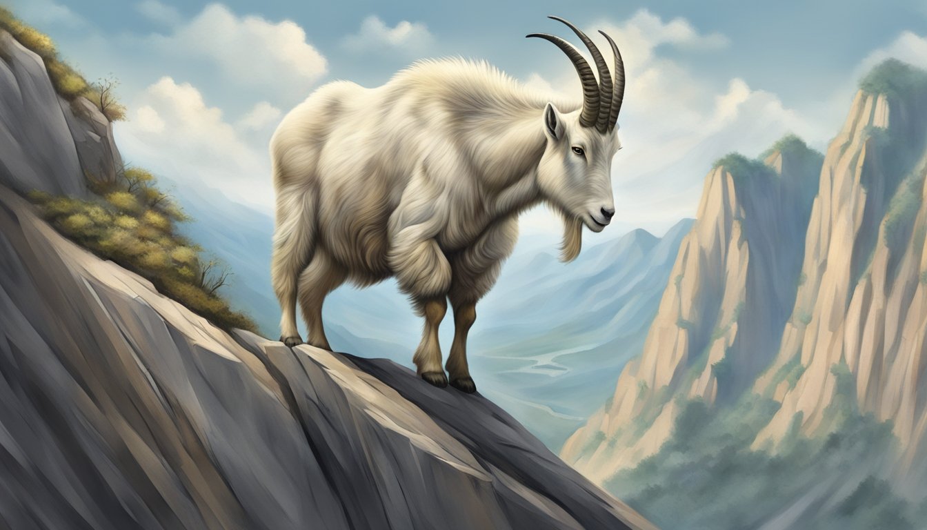 A mountain goat scaling a steep cliff with determination and focus, symbolizing the ambitious and disciplined nature of Capricorn