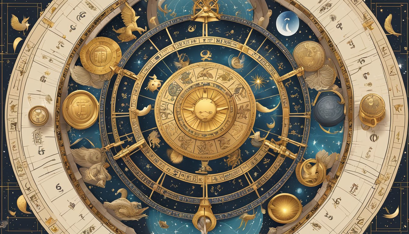 A celestial wheel with the 5 most successful zodiac signs highlighted, surrounded by symbols of wealth and achievement