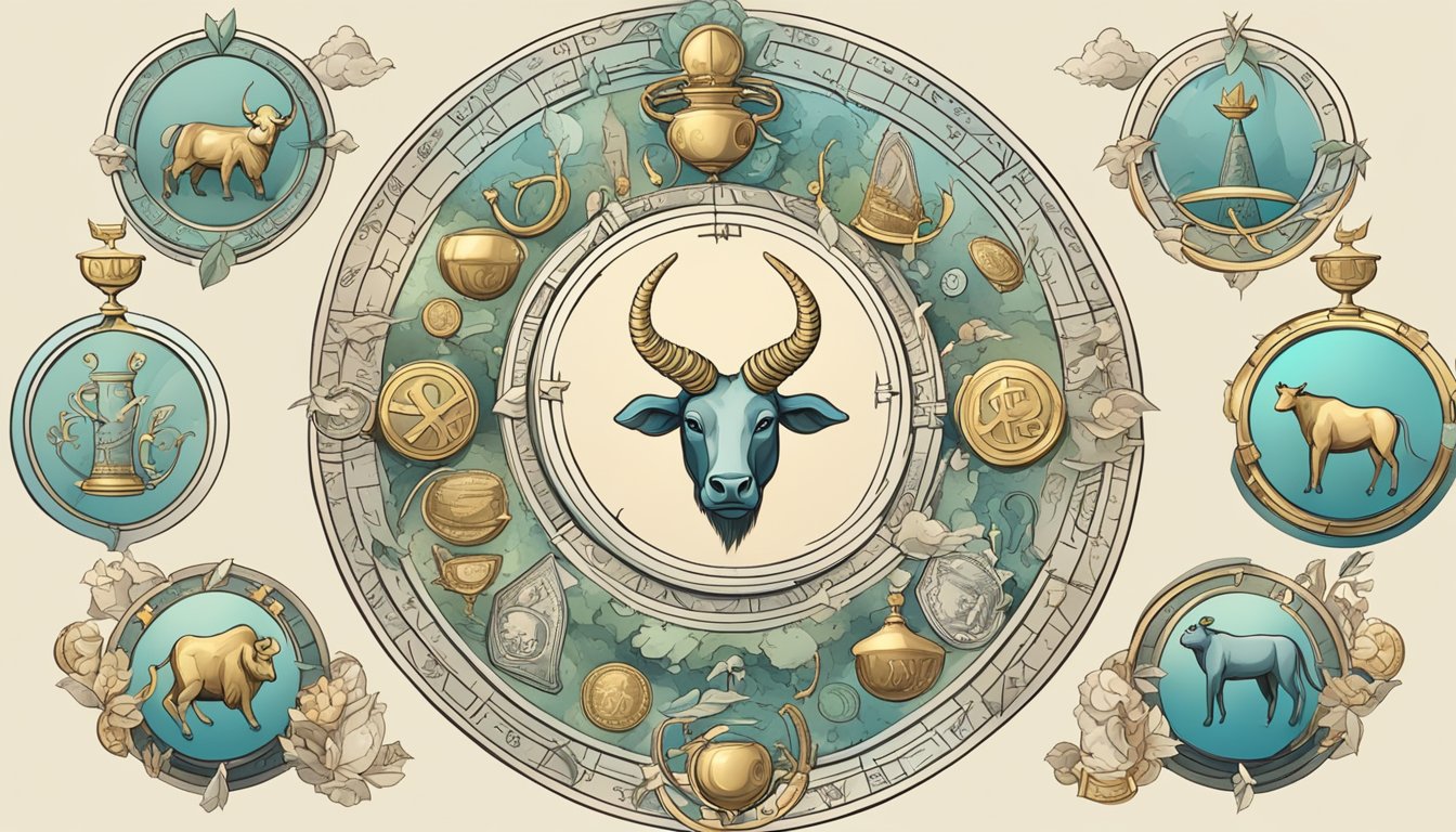 The zodiac symbols of Taurus, Leo, Virgo, Capricorn, and Aquarius arranged in a circle, surrounded by symbols of success such as money, a crown, and a trophy