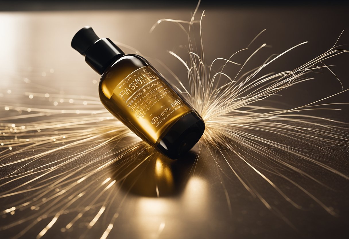 A bottle of anti-frizz hair serum stands next to a broken hair strand, surrounded by a halo of static electricity