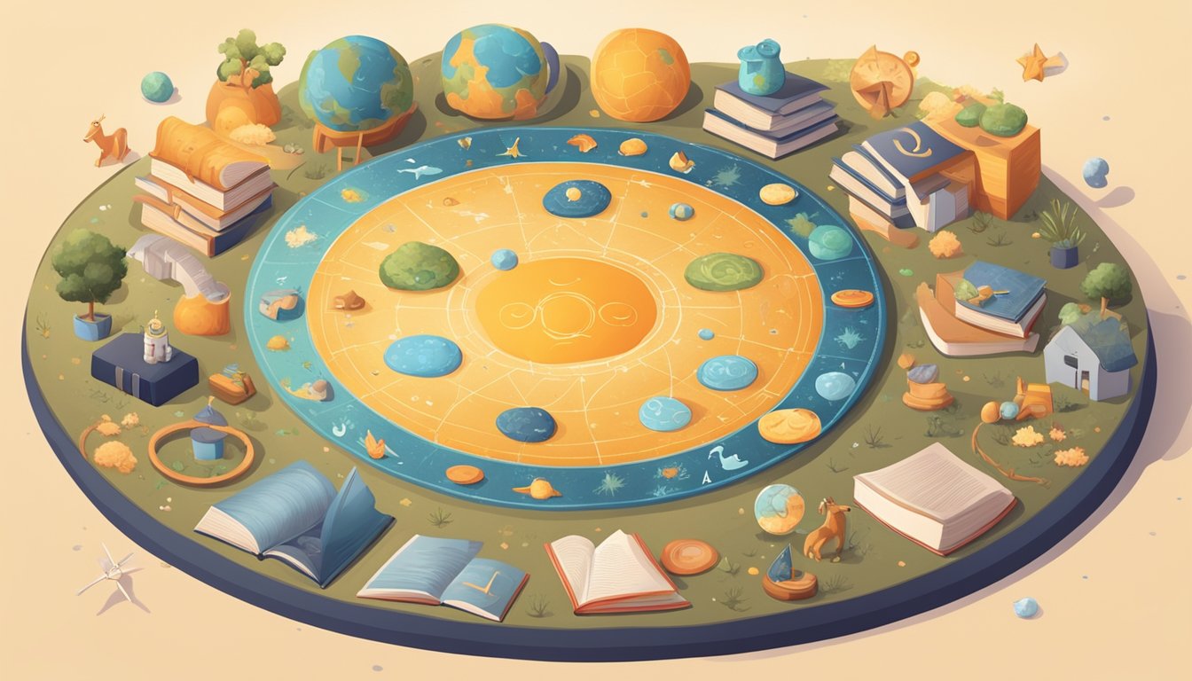 A circle with 12 distinct symbols representing the zodiac signs, surrounded by playful and nurturing imagery like toys, books, and a cozy home environment