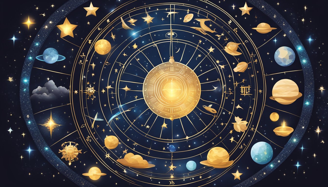 A circle of 12 celestial symbols, each representing a zodiac sign, surrounded by twinkling stars and a soft, glowing light