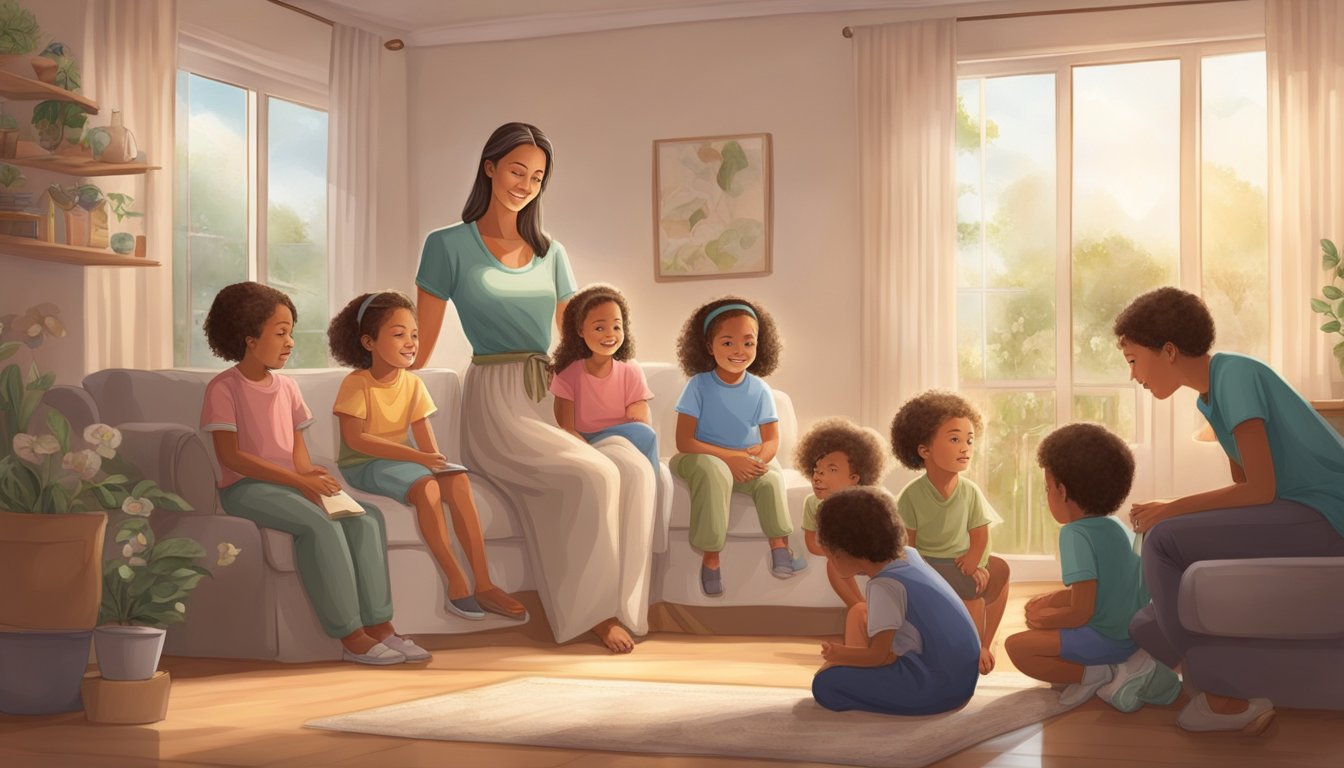 A nurturing Virgo parent surrounded by children, providing organized and practical care in a peaceful and harmonious home environment