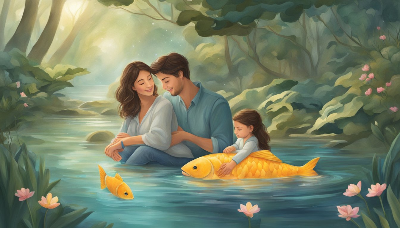 A nurturing Pisces parent surrounded by a cozy and serene environment, embracing their children with unconditional love and understanding