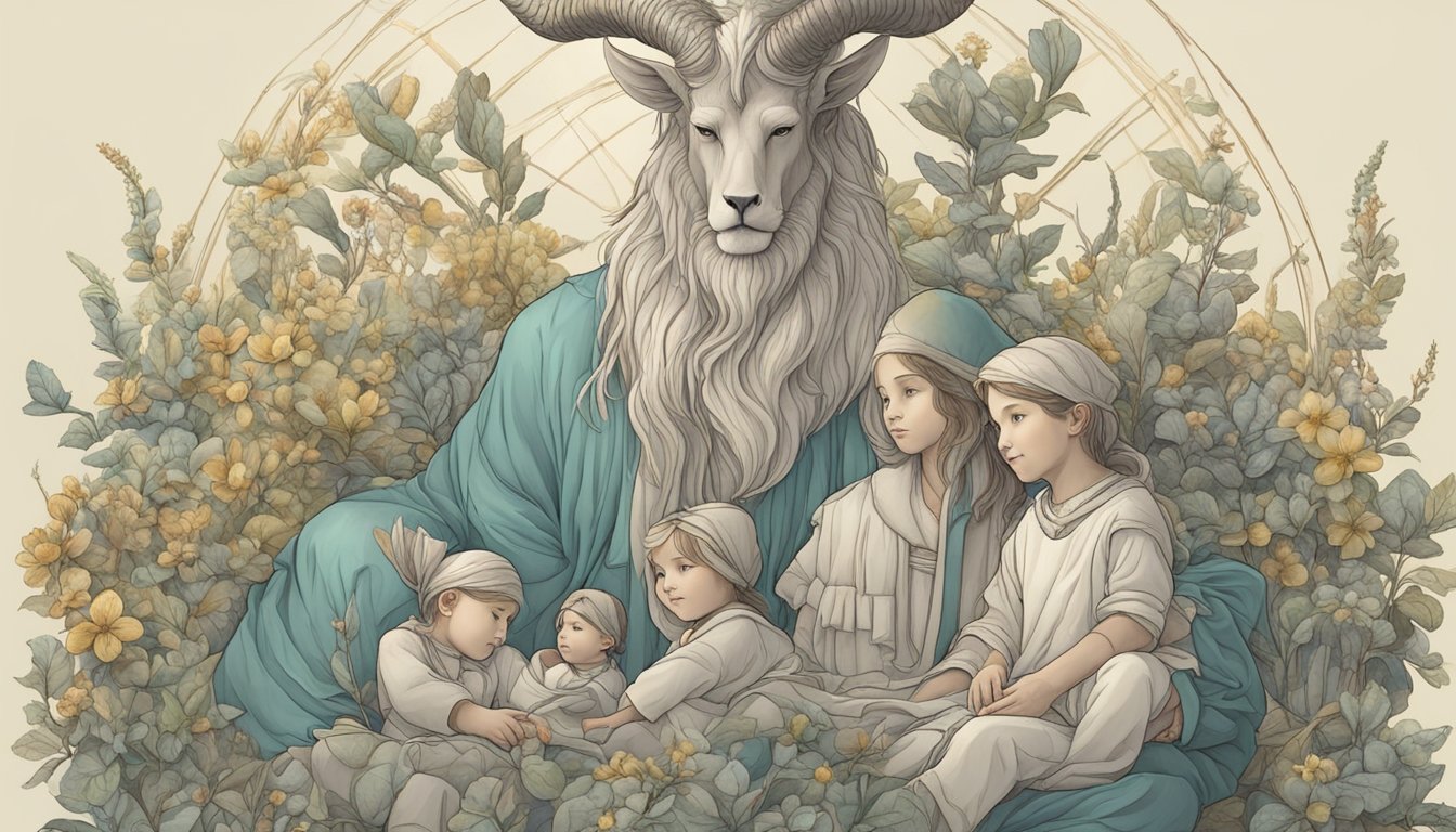 A nurturing Capricorn parent surrounded by their children, providing structure and stability while teaching valuable life lessons