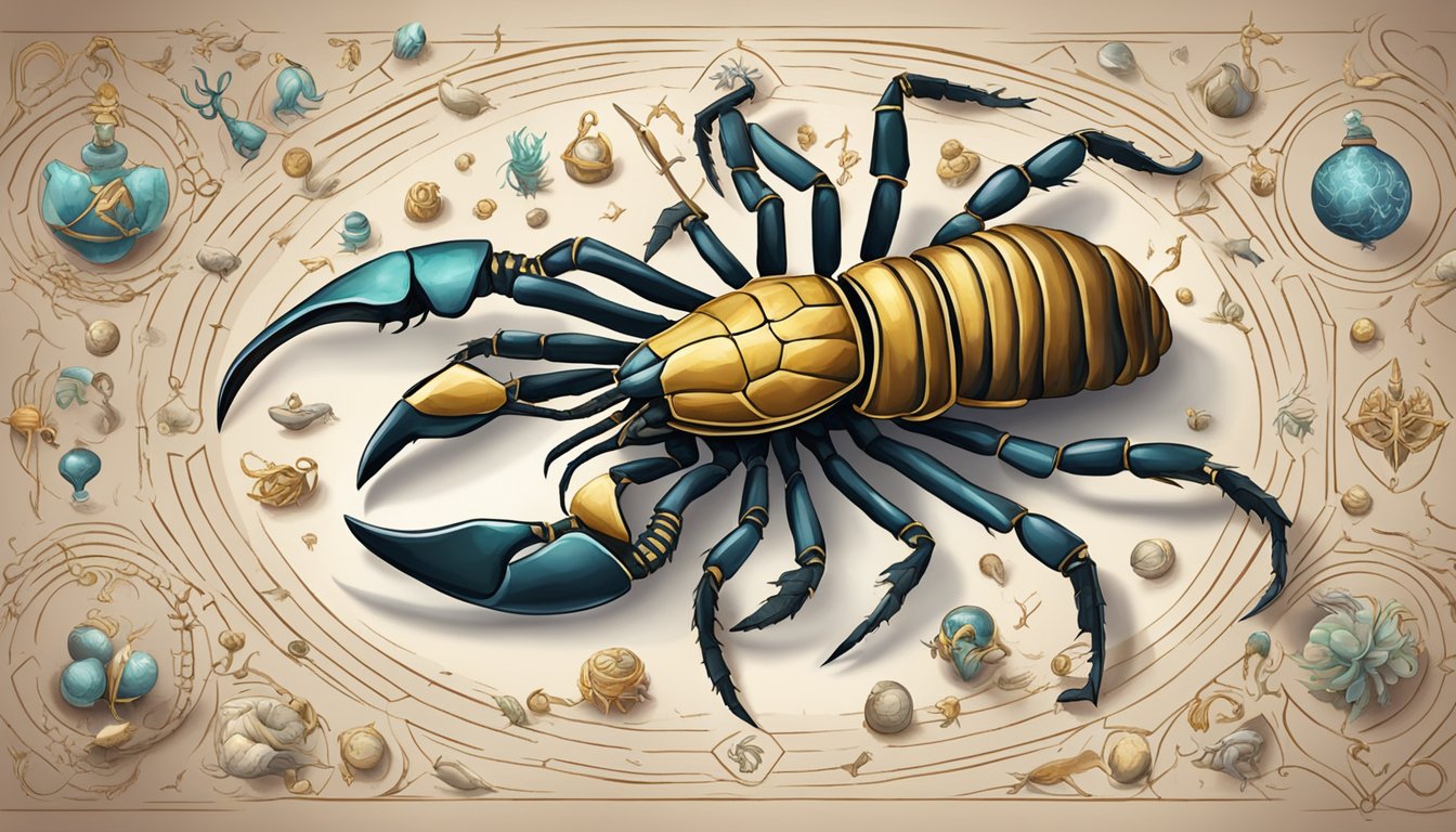 A scorpion surrounded by 12 zodiac symbols, nurturing and protecting them