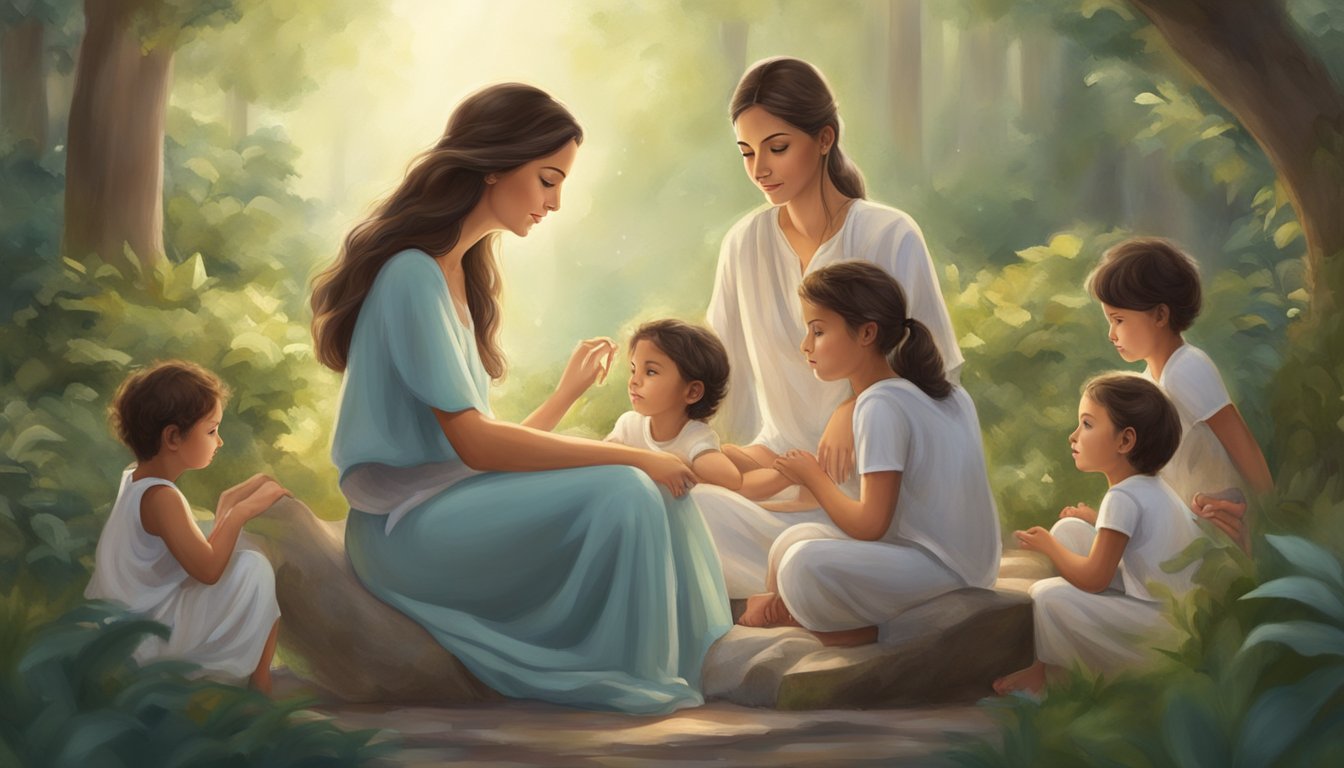 A nurturing Libra parent surrounded by children, offering guidance and balance in a peaceful and harmonious environment