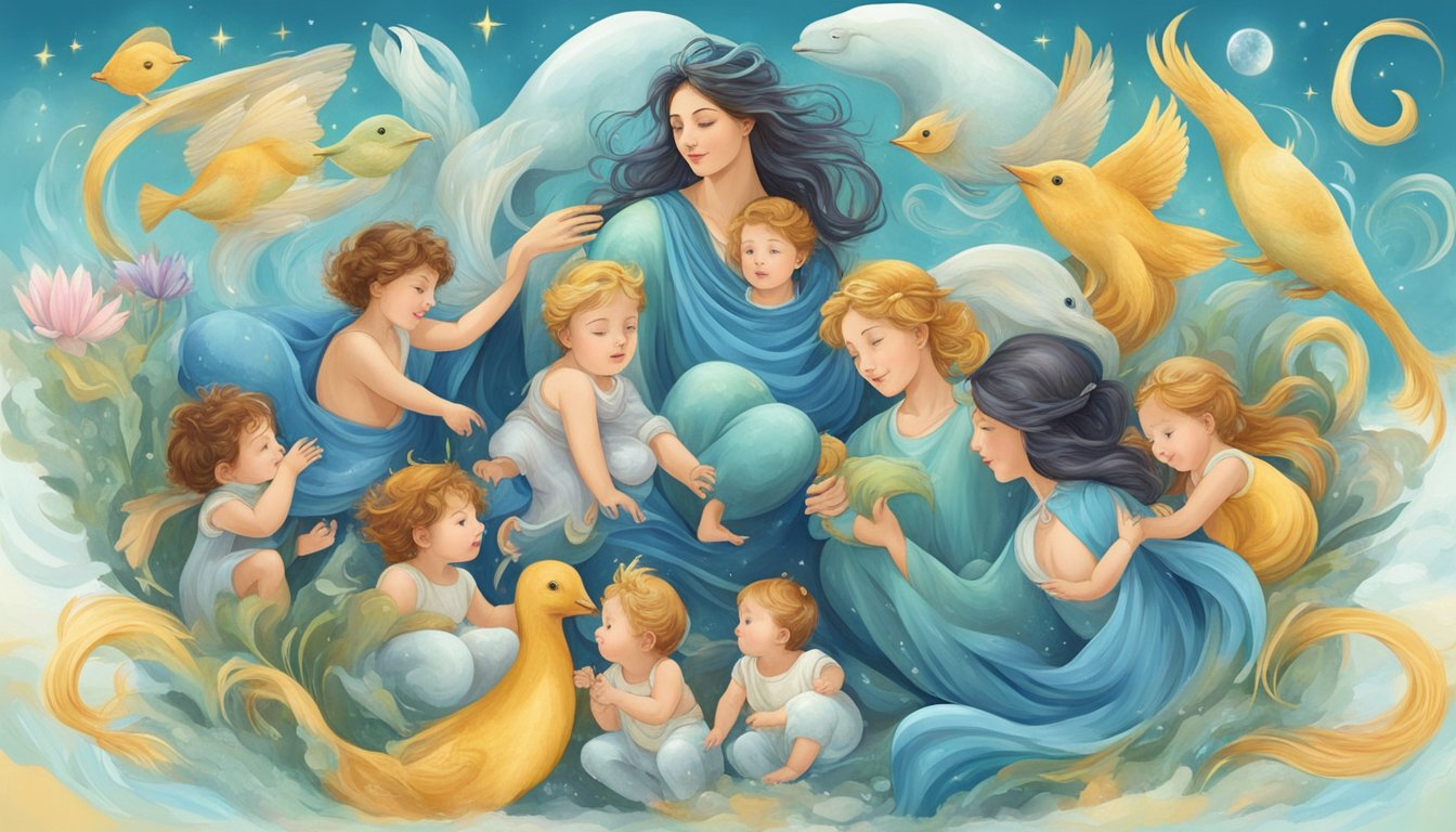 A group of twelve zodiac symbols, including Aquarius, surrounded by playful and nurturing energy, embracing their children with love and guidance