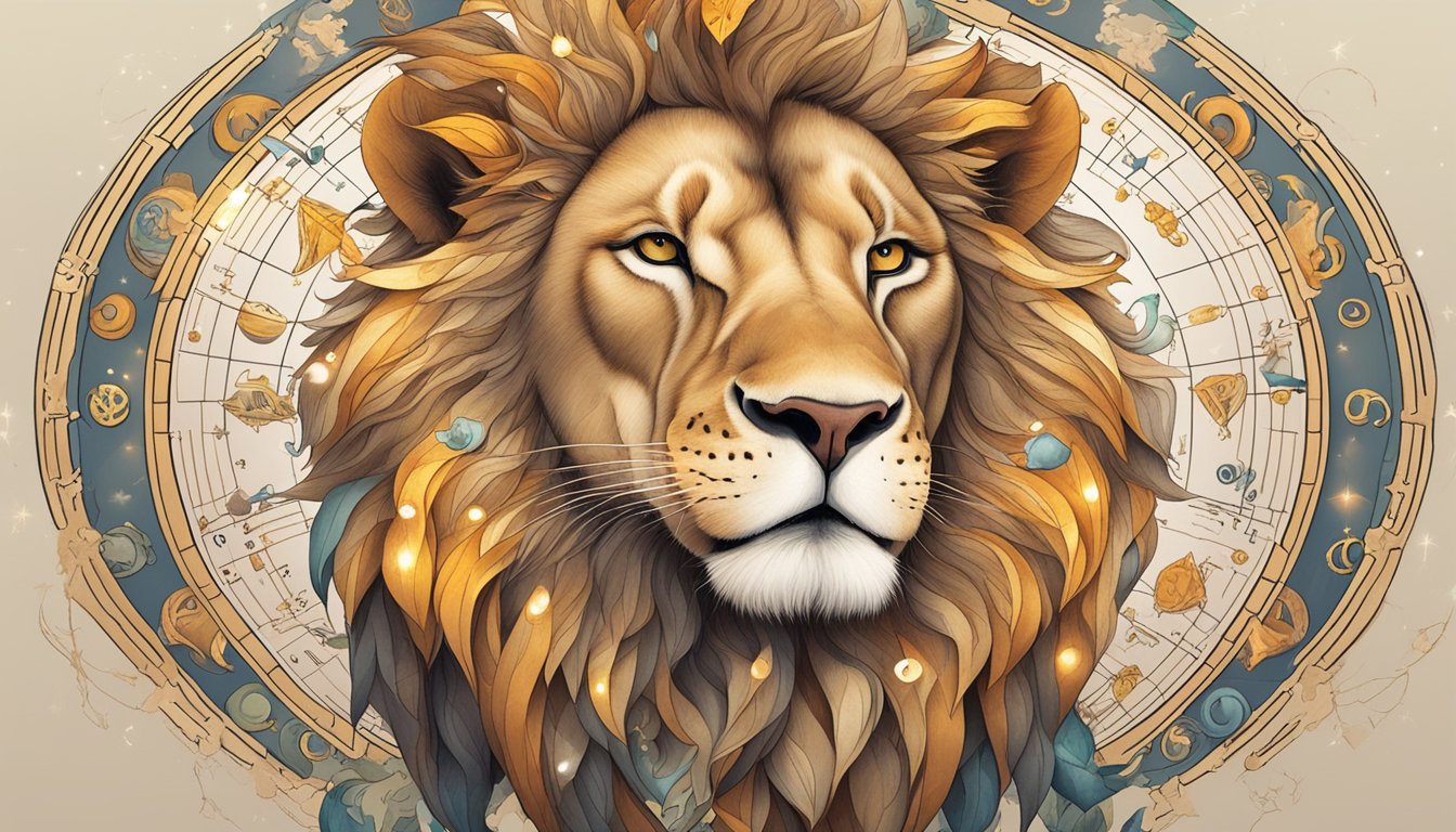 A lion surrounded by 12 different symbols representing the zodiac signs, each symbol radiating warmth and protection towards the lion