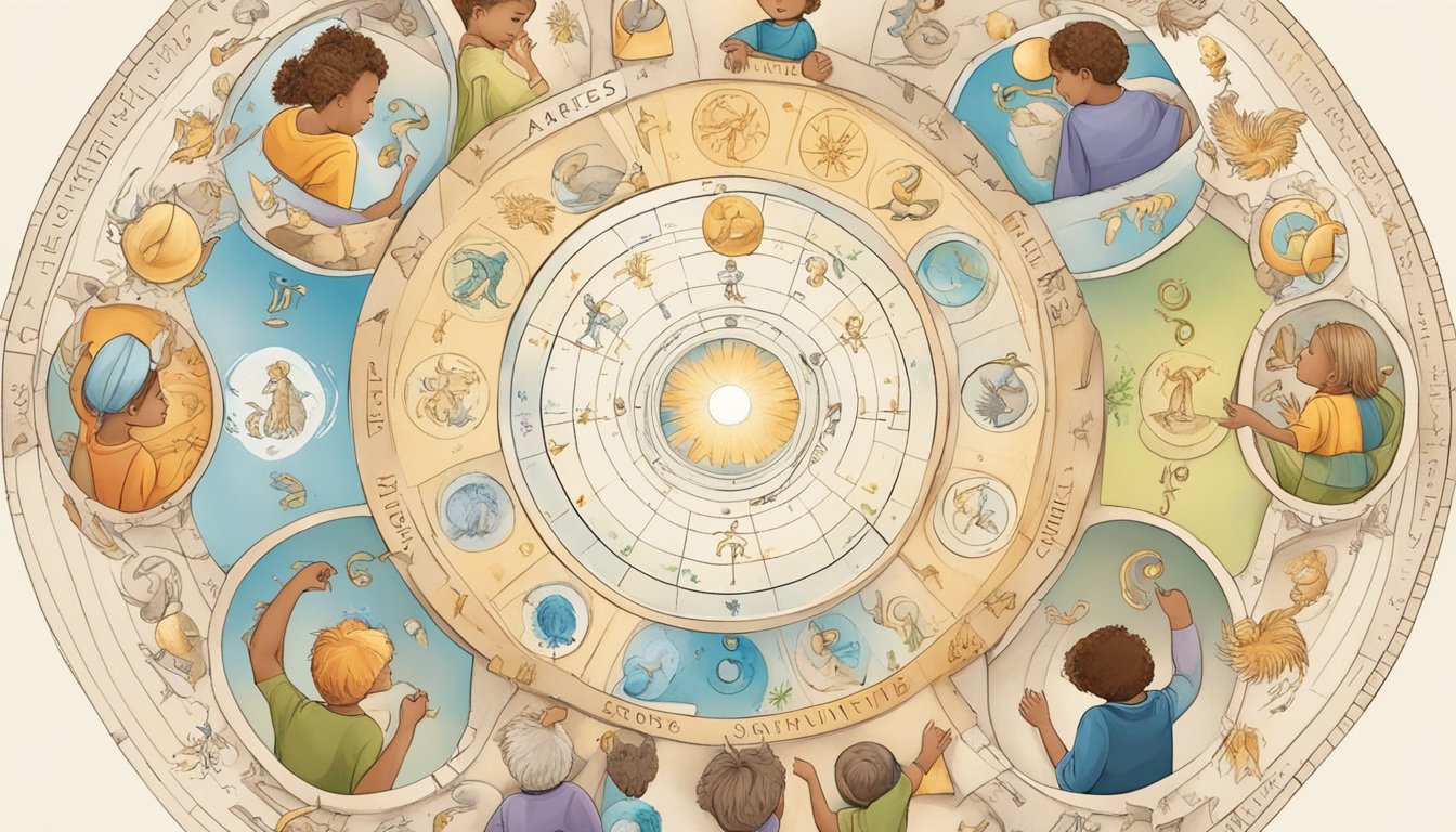 A circle of zodiac symbols surrounding a child, each sign radiating a different parenting style.</p><p>Aries assertive, Taurus nurturing, Gemini communicative, Cancer protective, Leo supportive, Virgo organized, Libra balanced, Scorpio intense,