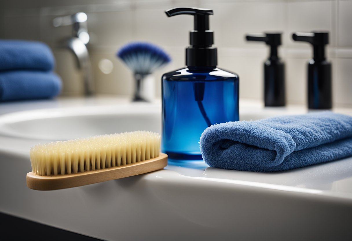 A bottle of hair conditioner sits next to a towel on a bathroom counter, with a damp hairbrush and a droplet of water glistening on a strand of hair