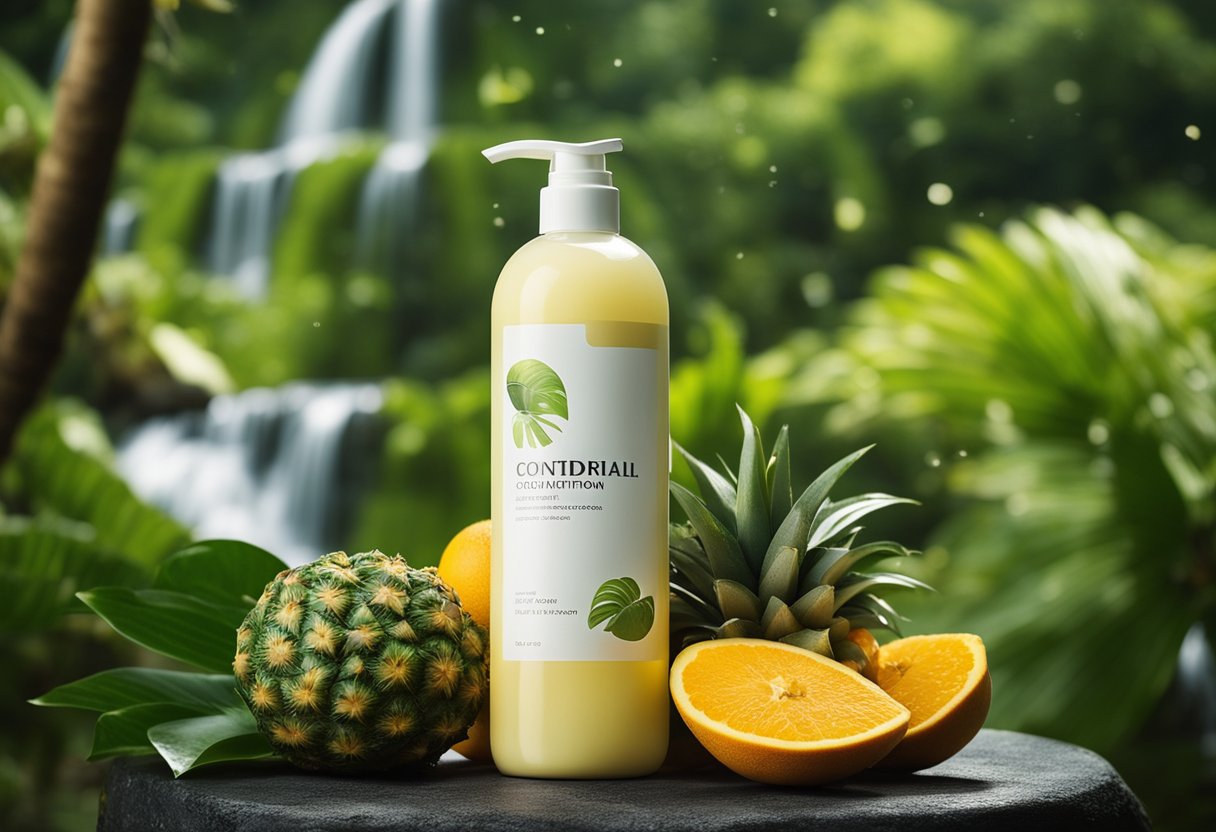 A bottle of hair conditioner surrounded by tropical fruits and a refreshing waterfall in the background