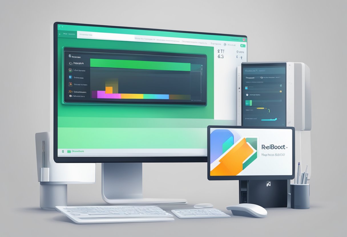 A computer screen displaying the Tenorshare ReiBoot logo with a progress bar indicating a device being repaired