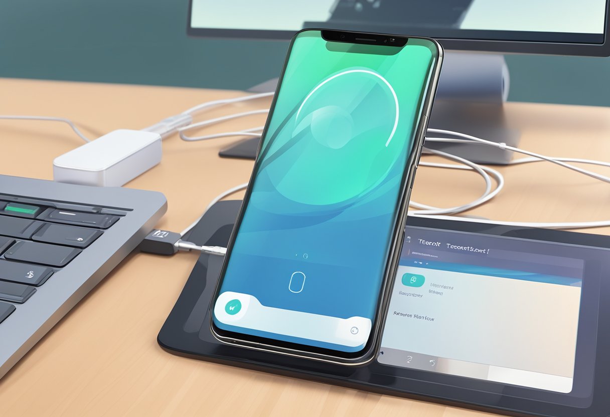 A phone screen displaying the Tenorshare ReiBoot interface, with a connected USB cable and a computer in the background