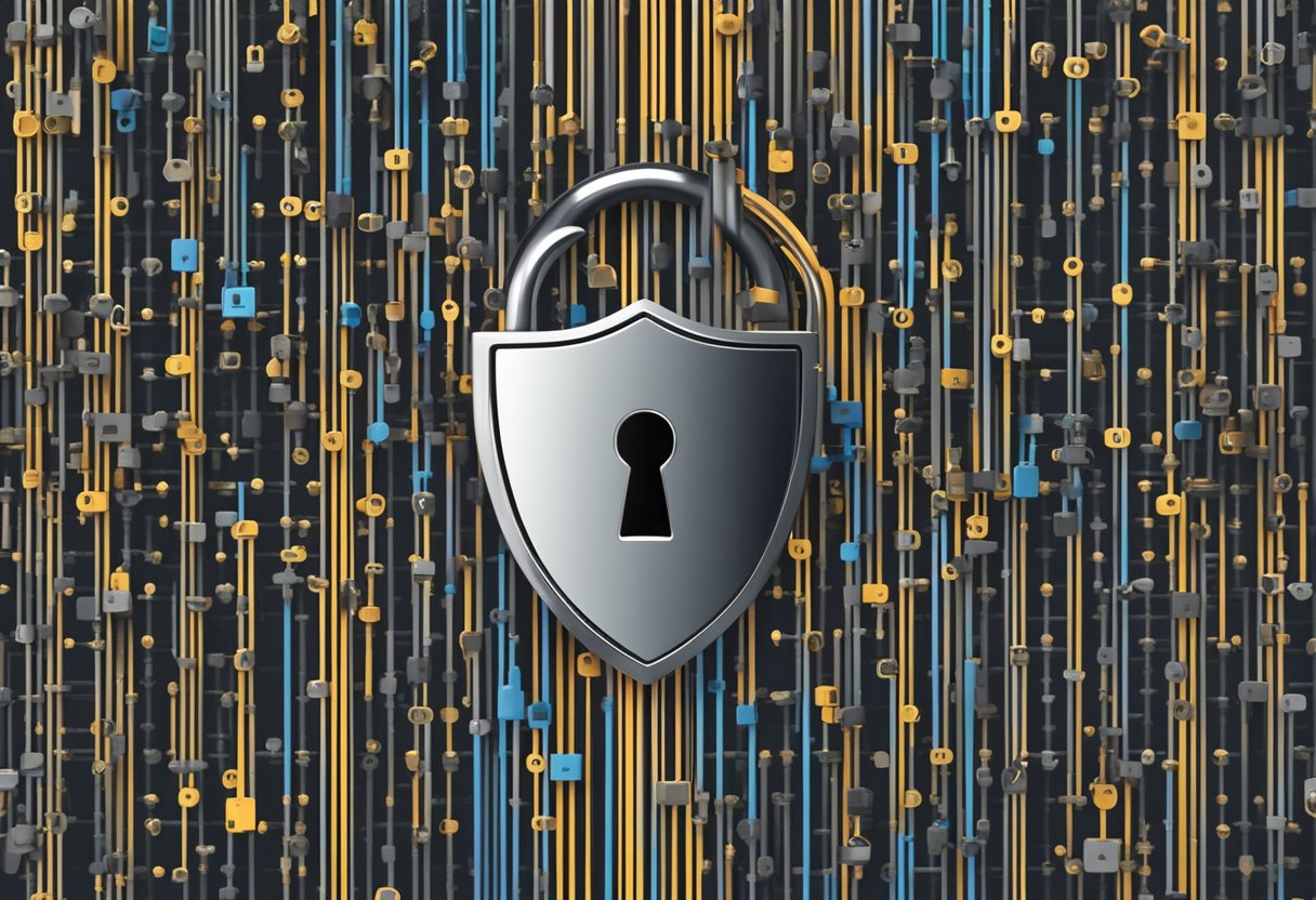 A padlock with a shield symbol, surrounded by a wall of binary code, and a keyhole with a key inserted