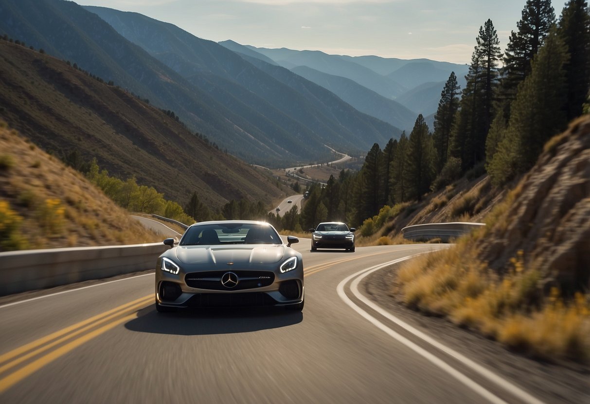 Cars racing up a winding mountain road, surrounded by breathtaking views of the Colorado landscape. The sound of engines roaring fills the air as spectators cheer on their favorite drivers