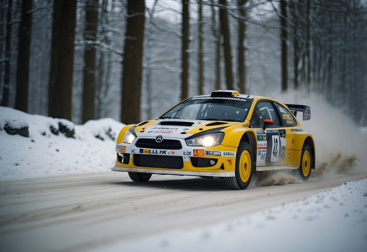 Rally cars speeding through snowy forest track, kicking up powdery snow in the air, spectators lining the route, cheering