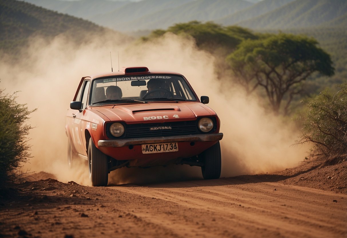 Dusty red rally car kicking up dirt on a rugged East African track, surrounded by acacia trees and distant mountains