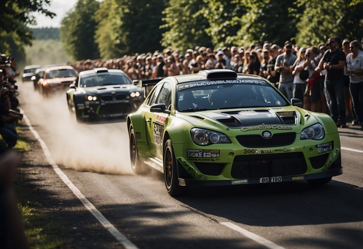 High-energy rally cars speed through diverse landscapes at the Gumball 3000 event. Spectators cheer as the cars race across iconic cities and scenic countryside