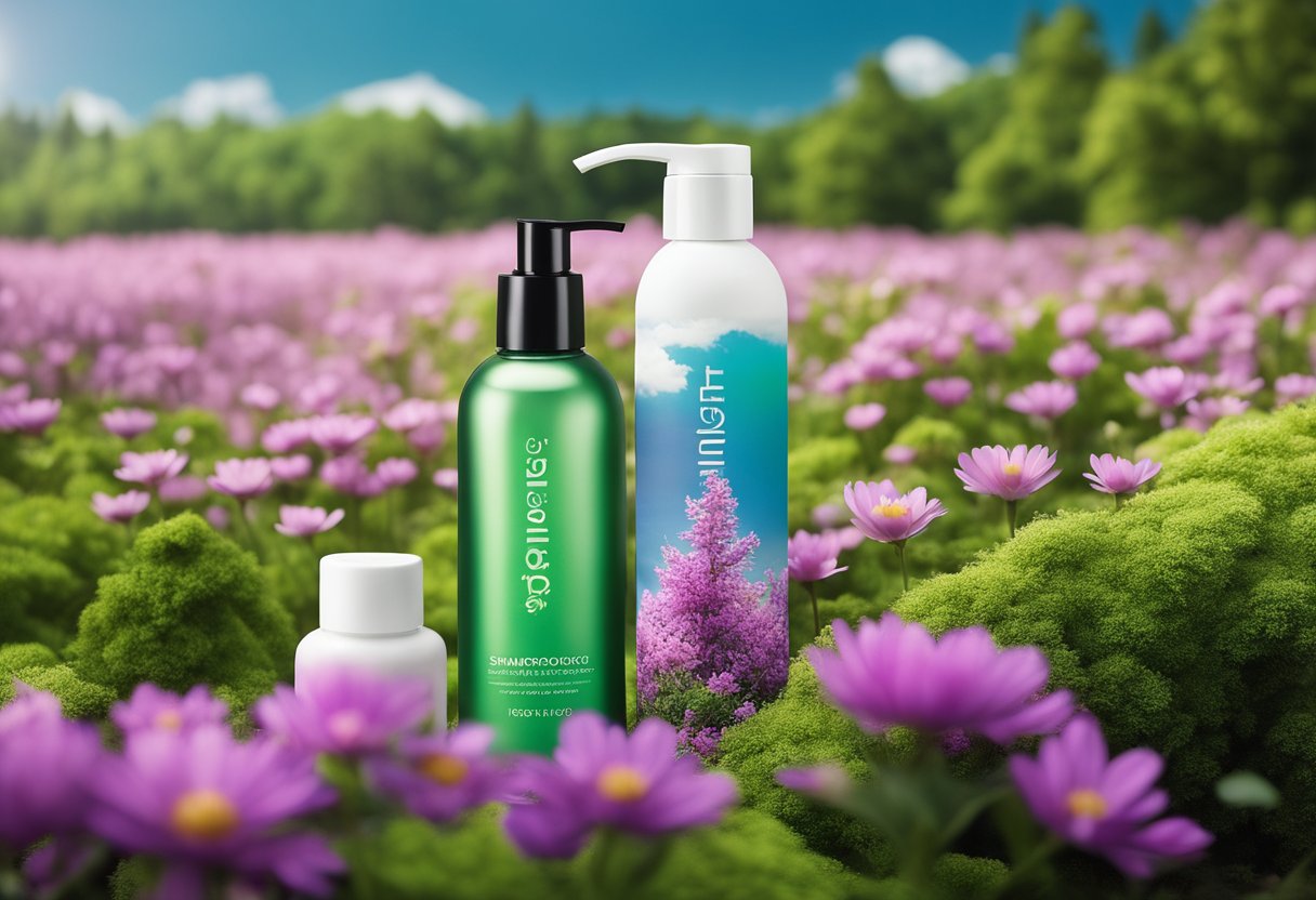 Lush green forest with flowing rivers, vibrant flowers, and animals. Shampoo bottles and earth-friendly packaging scattered among the natural beauty