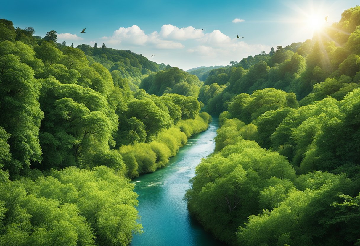 A lush green landscape with a flowing river, surrounded by vibrant, healthy-looking plants and trees. A clear blue sky overhead, with birds flying freely. A sense of harmony and balance between nature and beauty