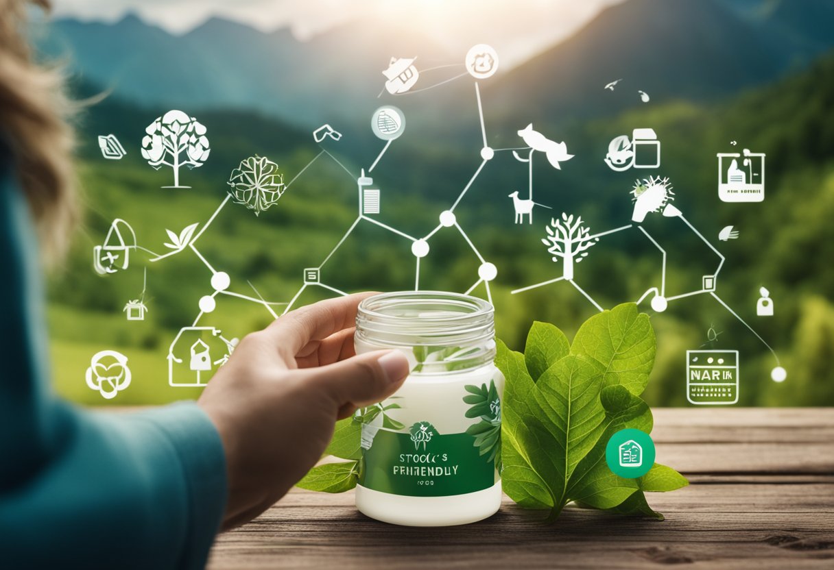 A woman's hand selecting eco-friendly hair products, surrounded by images of nature and sustainability symbols