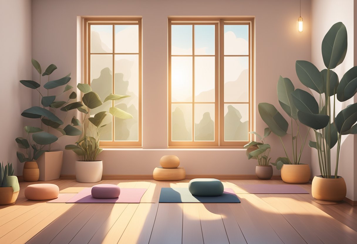 A peaceful setting with yoga mats on the floor, surrounded by soft lighting and calming decor. Props such as bolsters, blankets, and blocks are arranged for restorative poses