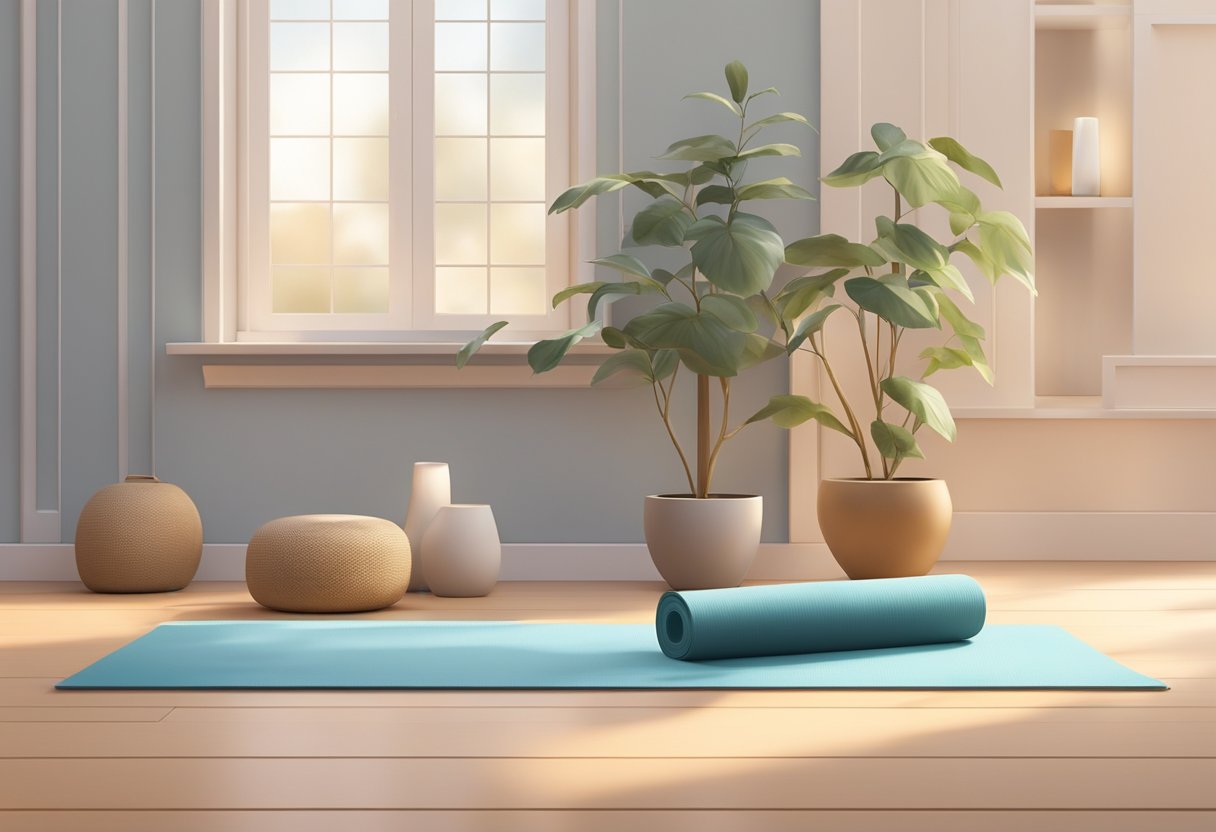 A serene setting with a yoga mat and props like blocks and straps. A gentle, calming atmosphere with soft lighting and a peaceful ambiance