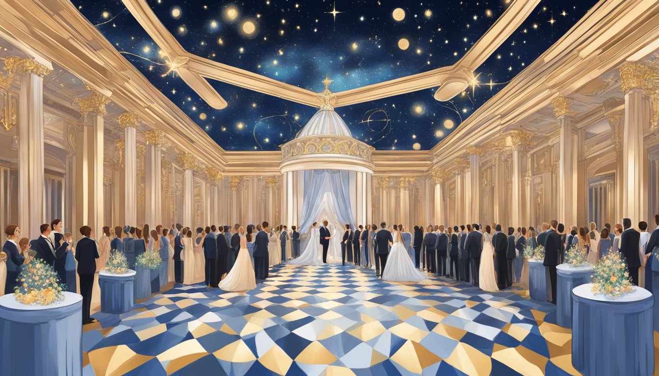 A starry night sky with nine bright constellations shining down on a grand wedding ceremony set in an opulent venue.</p><p>The stars twinkle and align in a celestial display, symbolizing the cosmic destiny of the celebrity unions