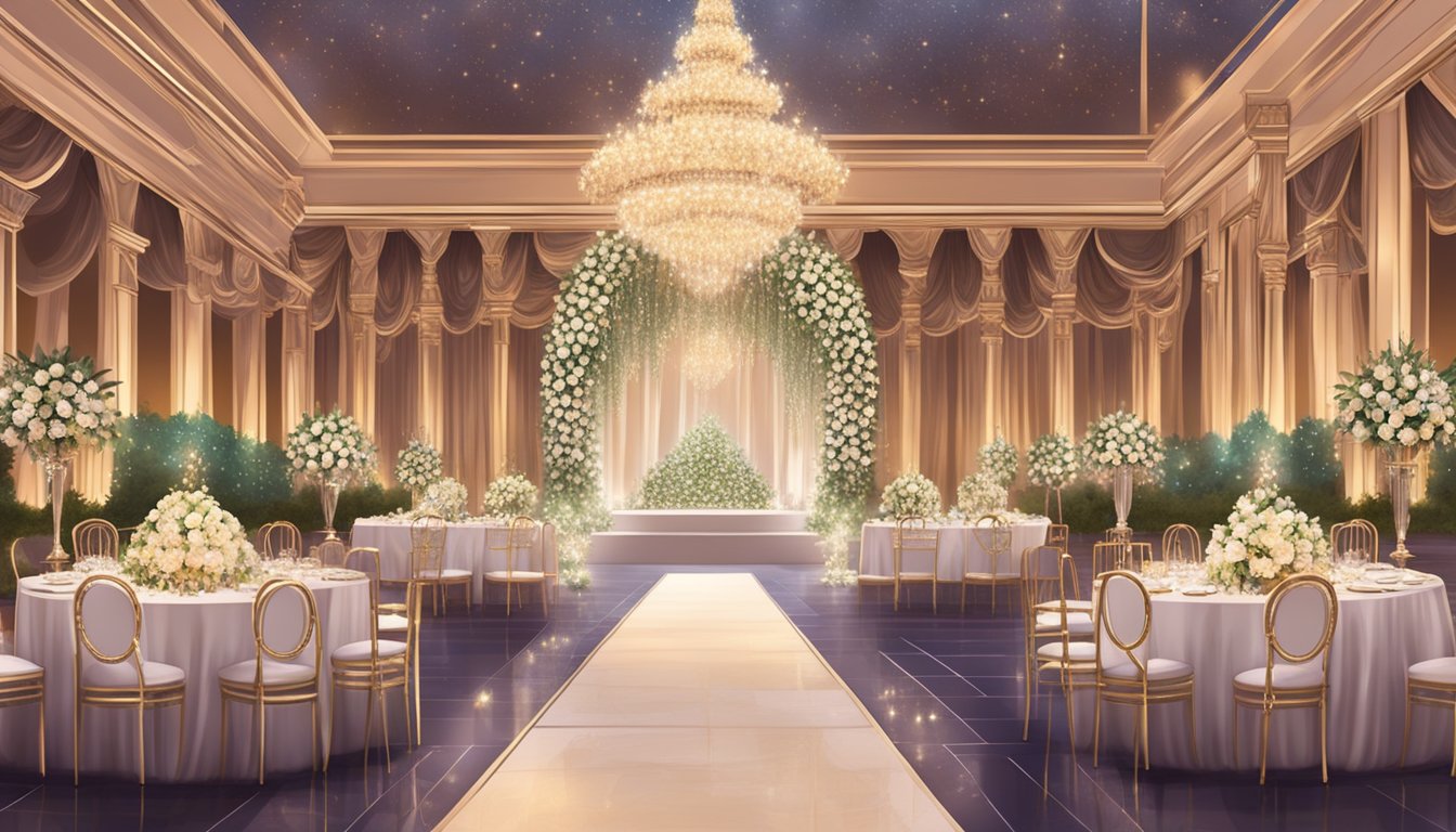 A lavish wedding venue adorned with twinkling lights and elegant decor, with a grand stage set for a celebrity wedding between Priyanka Chopra and Nick Jonas