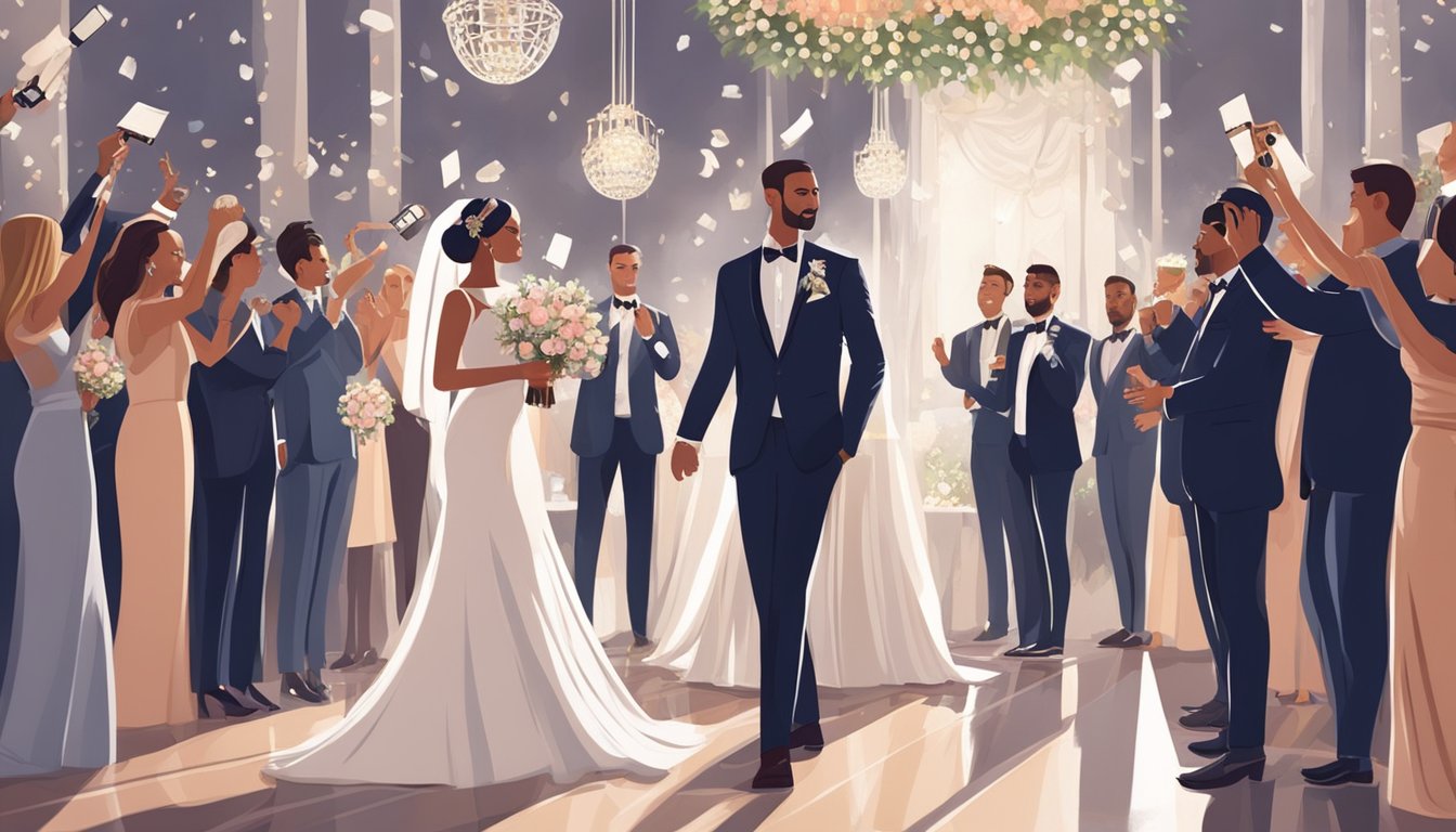 A lavish wedding ceremony with opulent decorations and a star-studded guest list.</p><p>The bride and groom are surrounded by flashing cameras and adoring fans