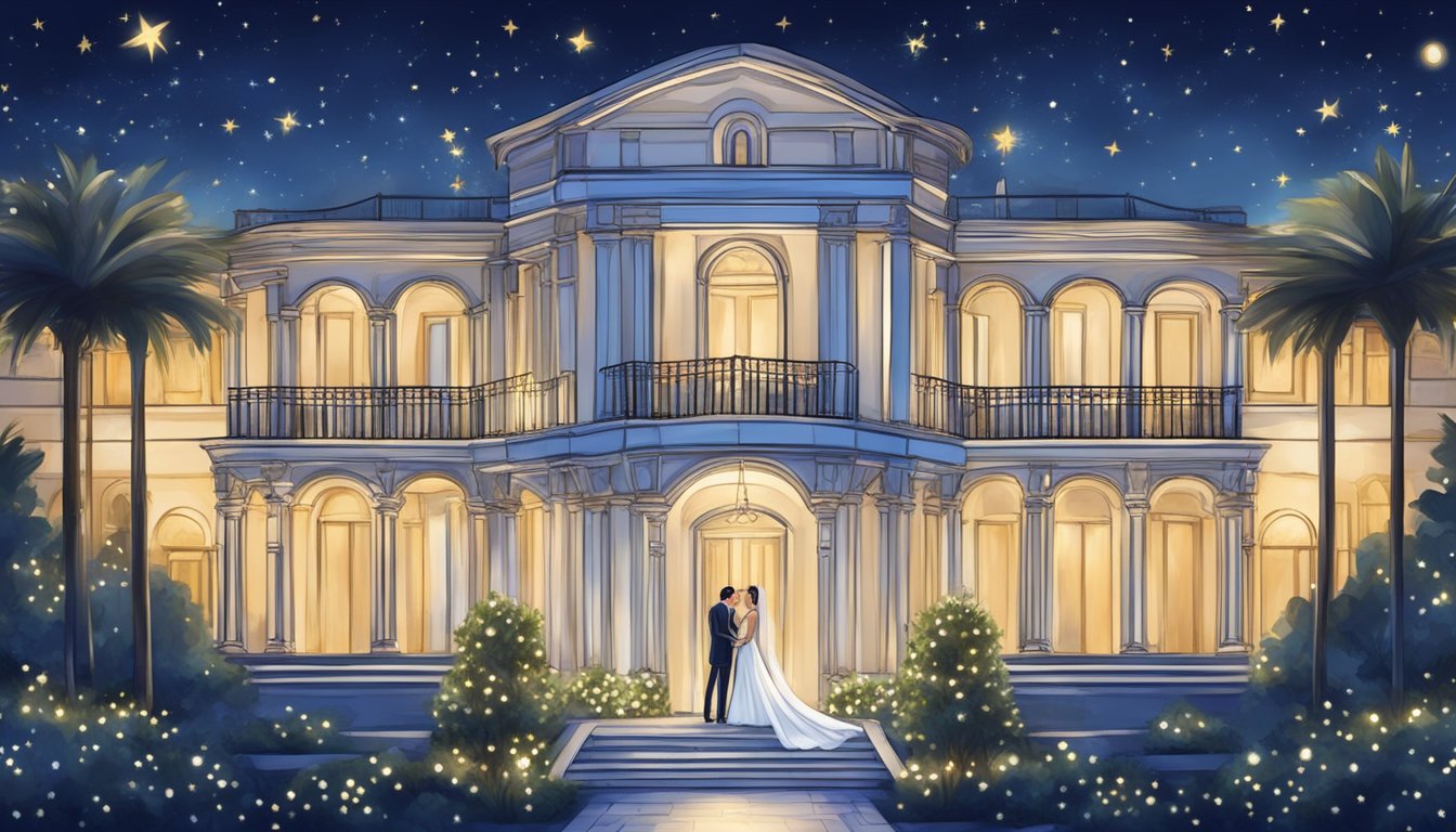 A luxurious wedding venue with elegant decorations and a starry night sky, symbolizing the destined union of Angelina Jolie and Brad Pitt