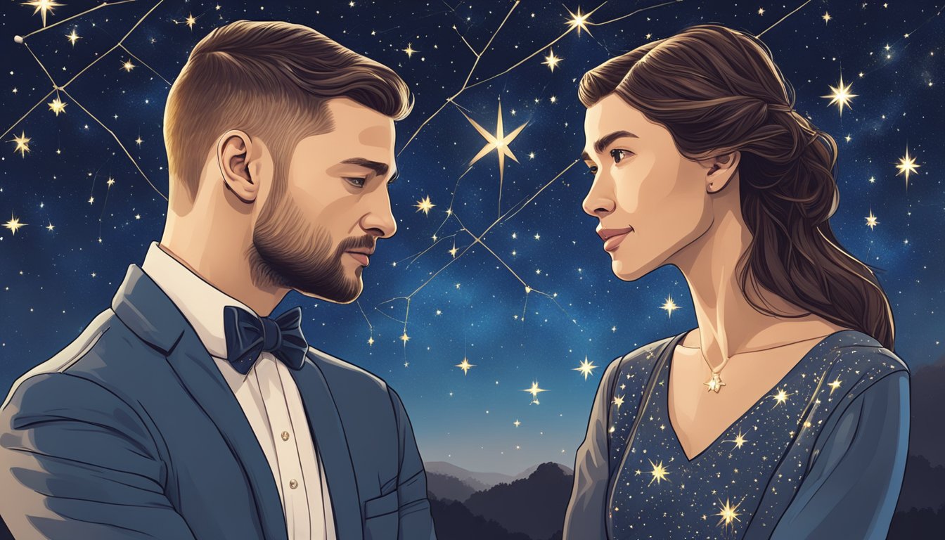 A starry night sky with two intertwined constellations representing Justin Timberlake and Jessica Biel's celestial union