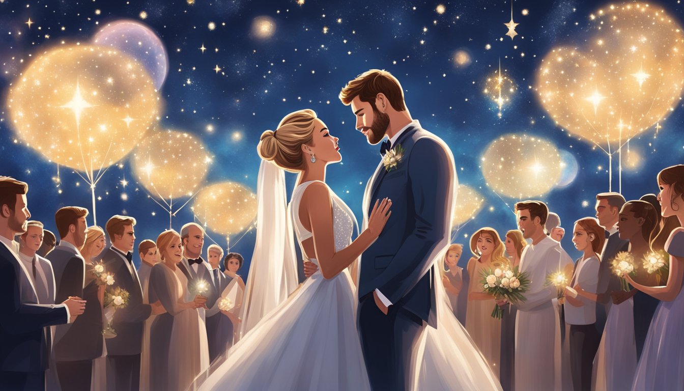 Miley Cyrus and Liam Hemsworth exchange vows under a starry night sky.</p><p>A celestial theme decorates the venue, with twinkling lights and cosmic decorations