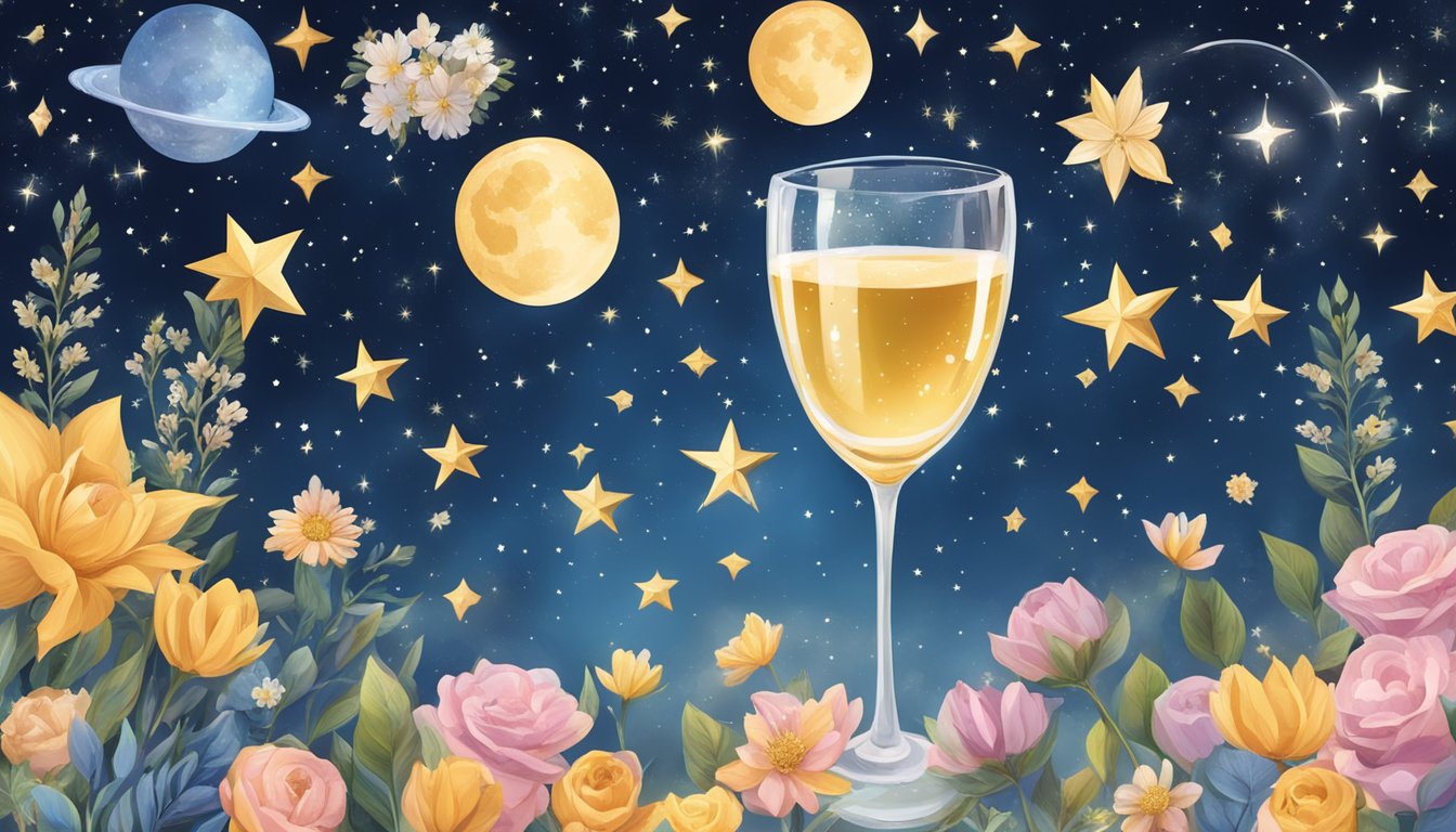 A starry night sky with zodiac signs shining brightly, surrounded by wedding symbols like rings, flowers, and champagne glasses