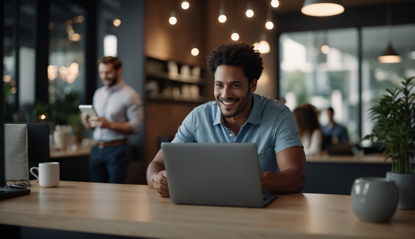 A customer types a positive review for AdCreative.ai on a laptop, while a customer service representative responds with a smile