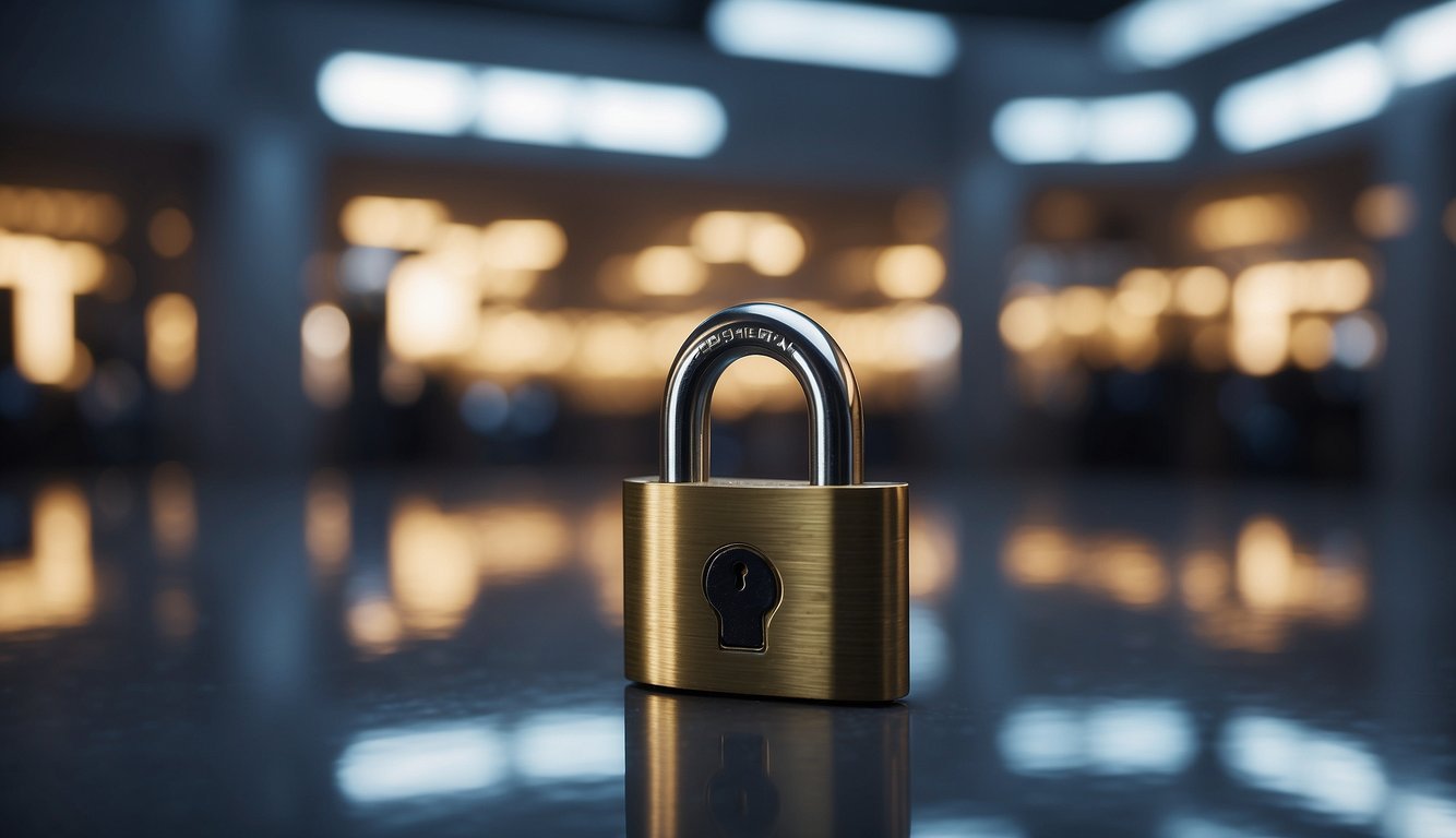 A padlock symbolizing security and a handshake symbolizing trustworthiness, surrounded by computer screens displaying AdCreative.ai's review process