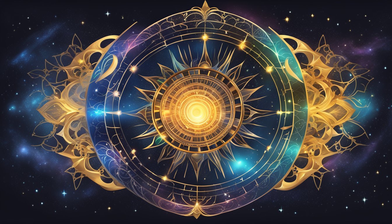 A glowing celestial wheel, each sign radiating its unique energy, surrounded by swirling cosmic patterns