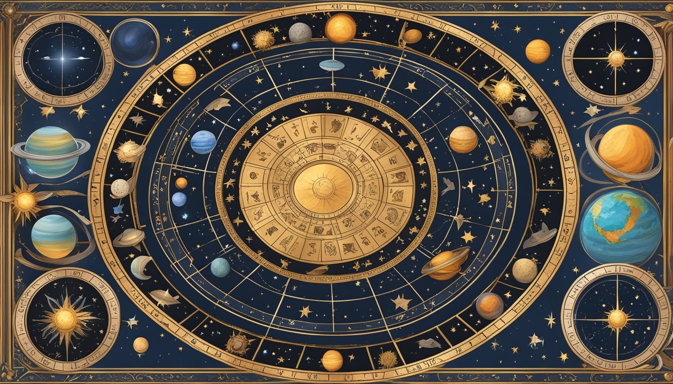 A table with 12 zodiac symbols arranged in a circle, surrounded by celestial elements like stars, moons, and planets.</p><p>Each symbol is labeled with its corresponding zodiac sign