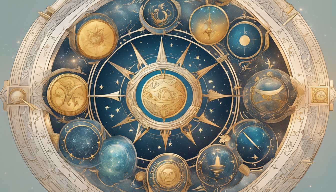 A circle of zodiac symbols intertwined with celestial elements, emanating a sense of harmony and balance