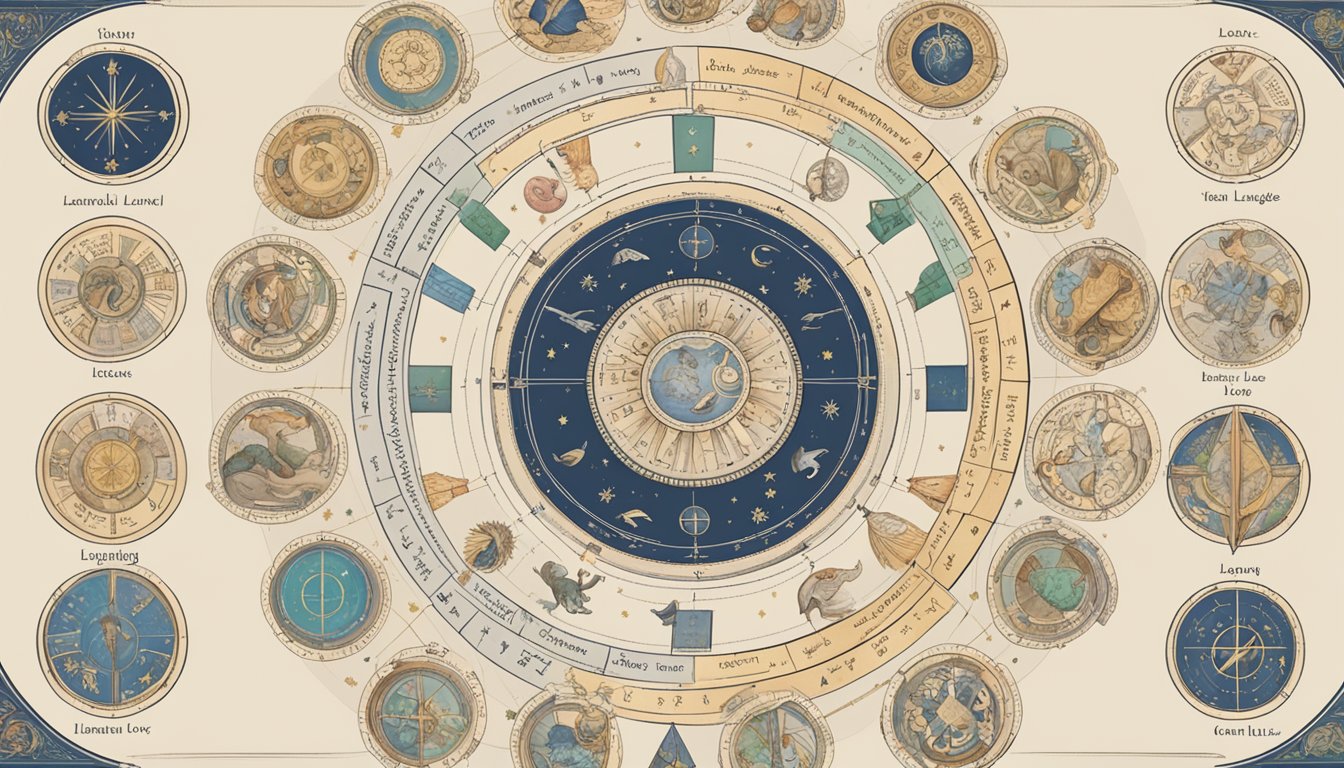 A table with 12 zodiac symbols arranged in a circle, each labeled with its corresponding astrological sign.</p><p>A book titled "Learn Their Love Language" sits in the center