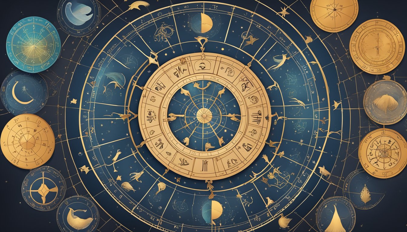 A circle of 12 zodiac symbols arranged in a wheel, with each sign labeled and connected by lines, representing the interconnectedness of the zodiac and the potential for relationship guidance