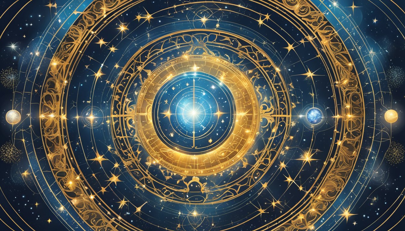 Mercury aligns with zodiac symbols, forming a celestial pattern. 12 secrets hover in the cosmic background, emitting a powerful energy