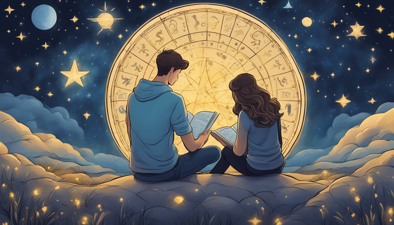 A starry night sky with zodiac symbols twinkling above, a couple seated together, reading a book titled "12 Zodiac Secrets."