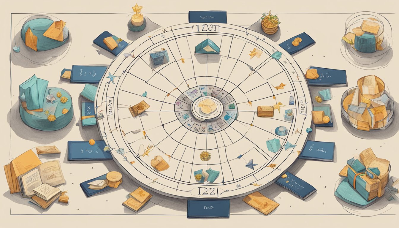 A table with 12 unique zodiac-inspired gifts arranged in a circle, each representing a different zodiac sign.</p><p>A book titled "12 Zodiac Secrets That Could Save Your Relationship" placed in the center