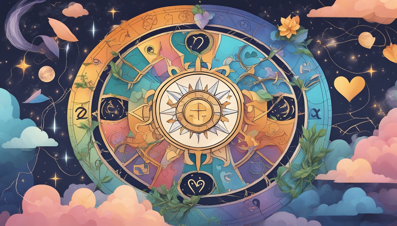 A colorful zodiac wheel surrounded by broken heart symbols, tangled relationship vines, and thunderclouds, illustrating the impact of astrology on relationship failures